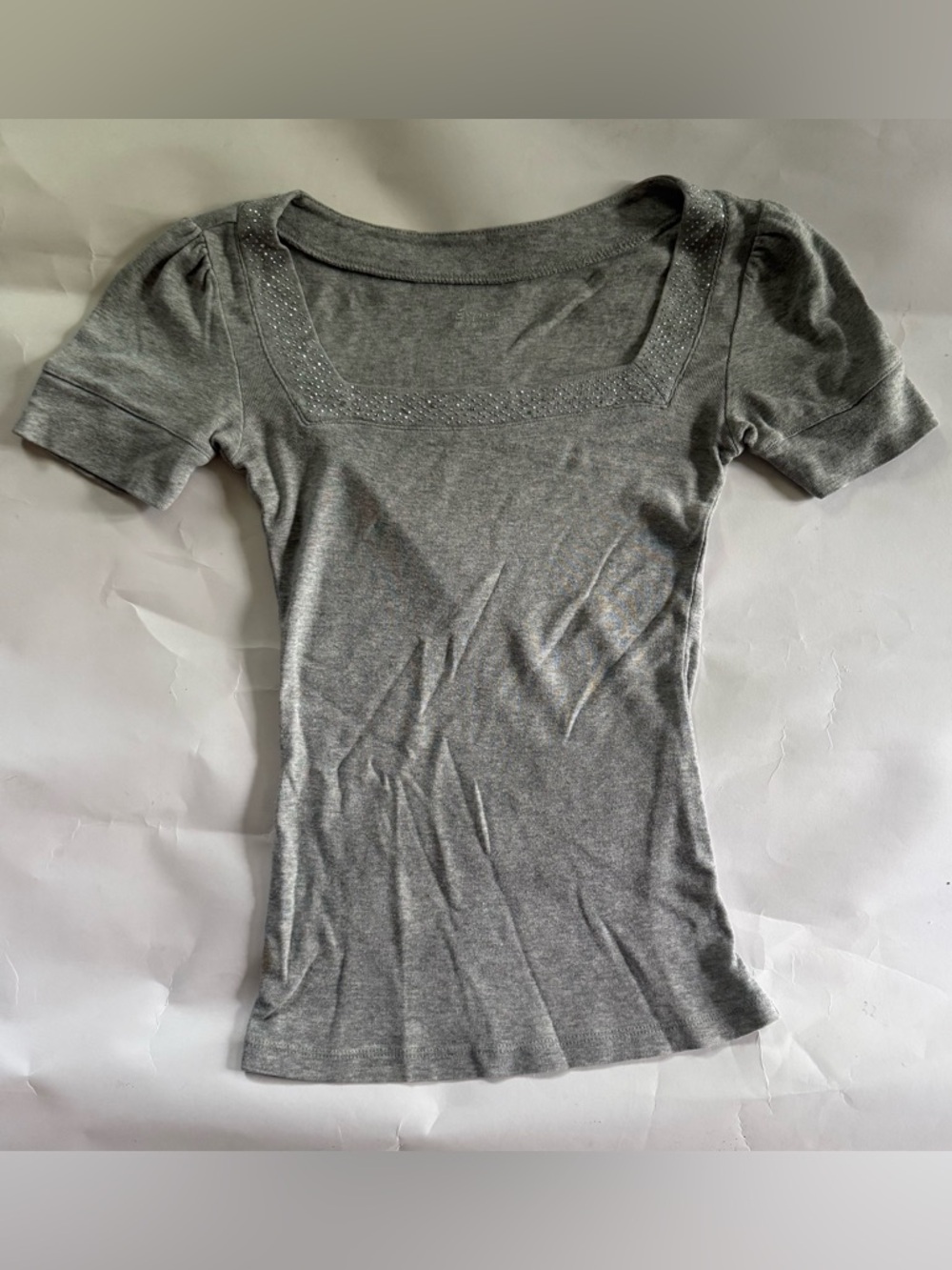 Y2K Express Gray Square-Neck Short Sleeve Tee with Stud Detail